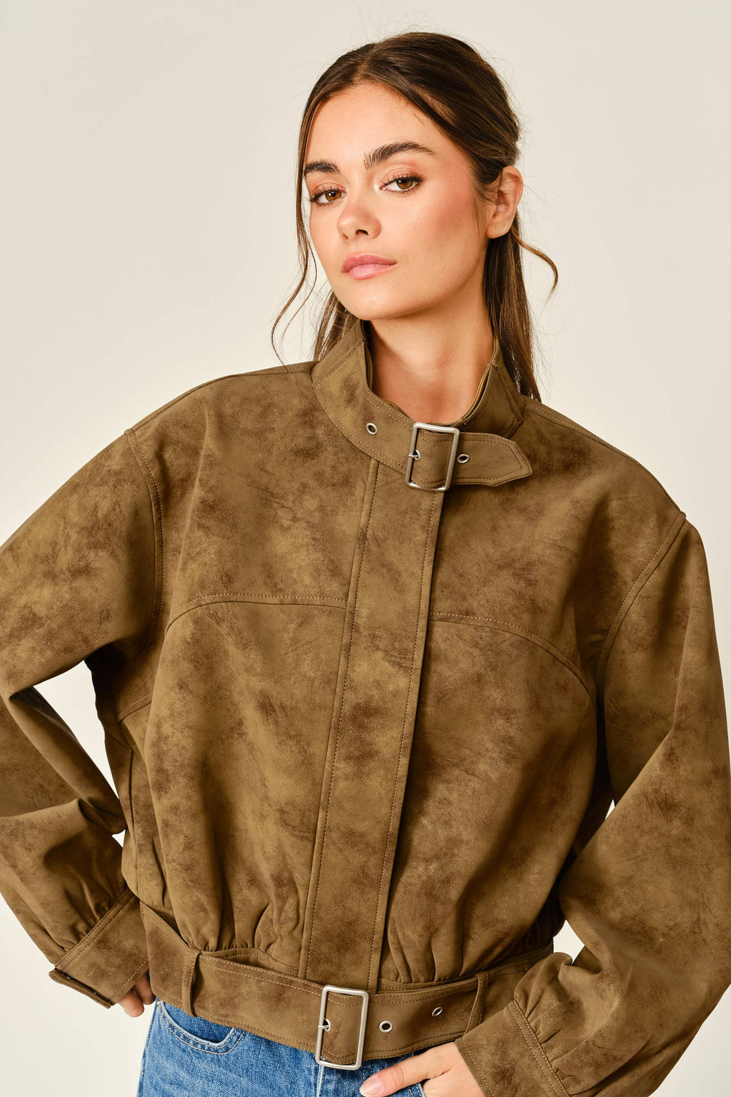 Cognac Vintage Leather Belted Bomber