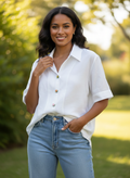 White Linen And Cotton Blend Embellished Button Up Blouse