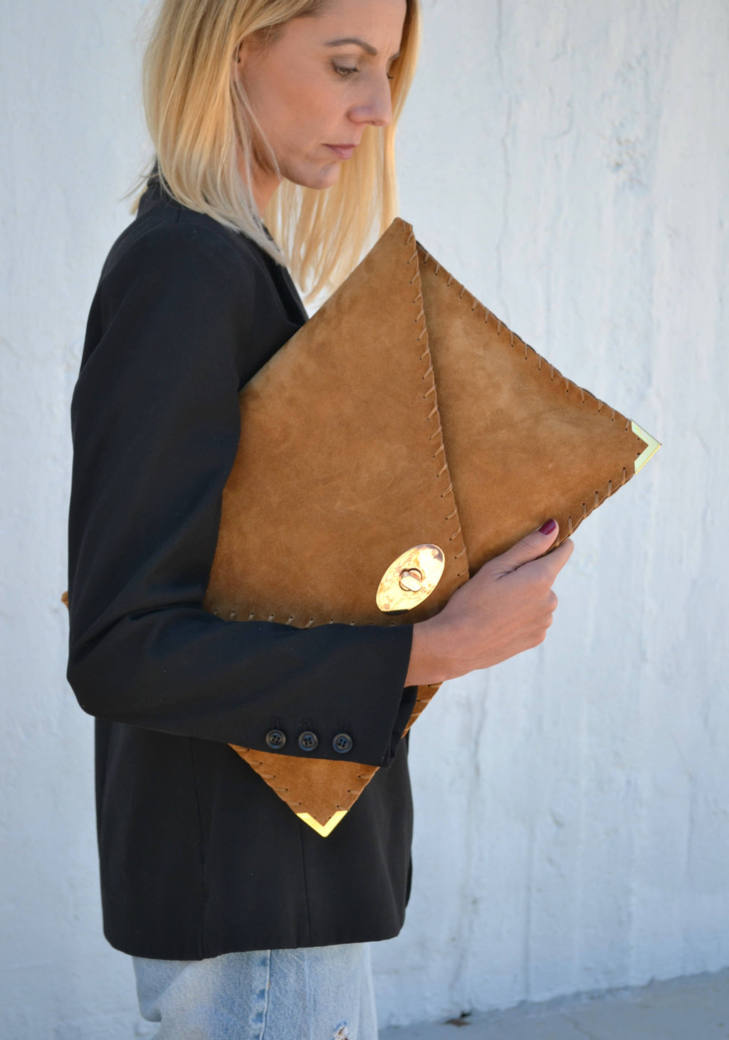 Symmetria Large Soft Clutch In Caramel With Gold Hardware