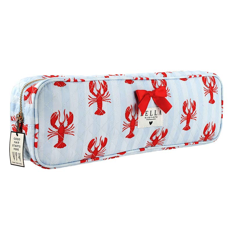 Quilted Hair Tool Bag - Blue Stripes + Lobsters: 15.5" L x 5" H x 3" D