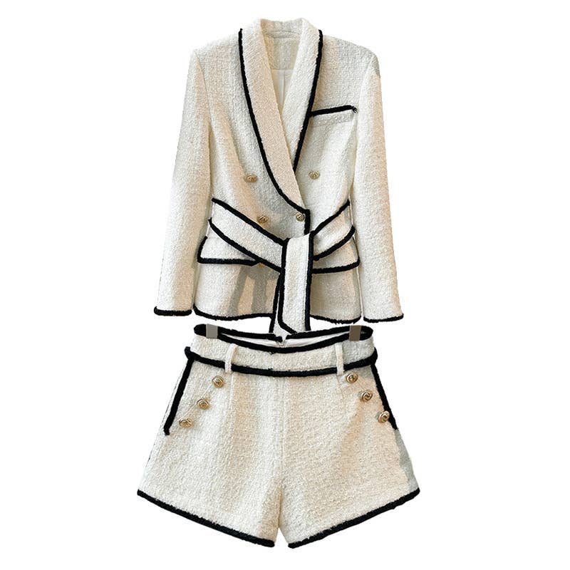 White and Black Tweed Blazer And Short Set