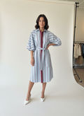 Striped Balloon Sleeve Button Up Dress
