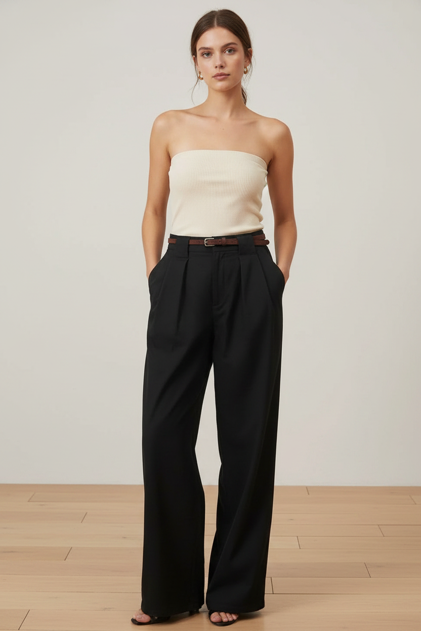 Black Barrel Khaki Pleated Trousers Leather Belt