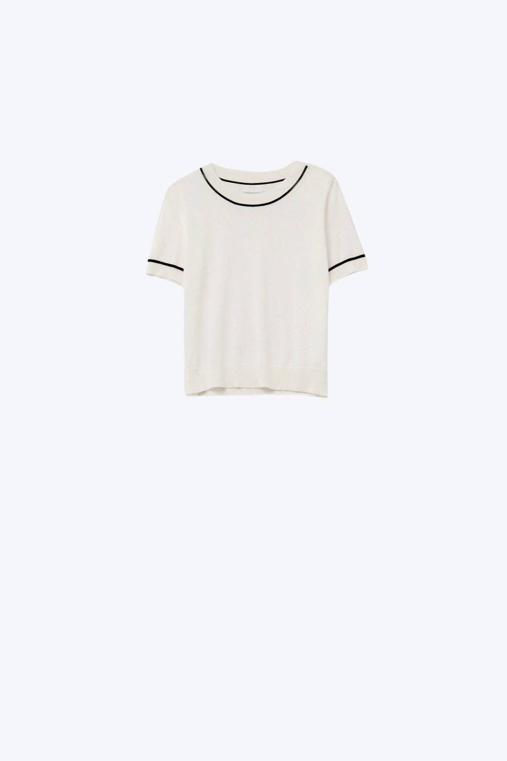 White Short Sleeve Knit Top with Black Stripe Detail
