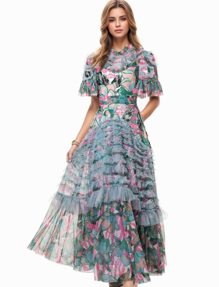 Hand-Printed Lotus Leaf Lace Dress with Sequin and Beaded Detail