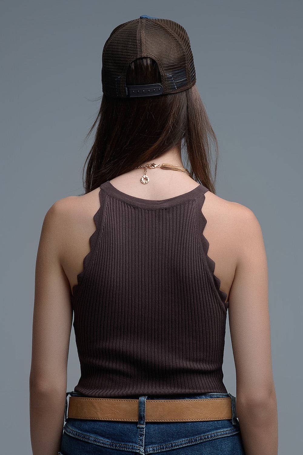 Brown Ribbed Halter Top With Scalloped Finish