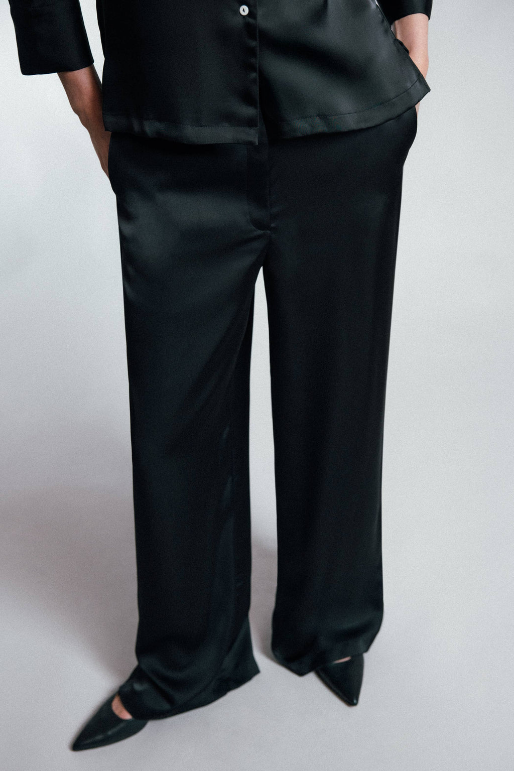 Black Satin Wide-Leg Trousers
