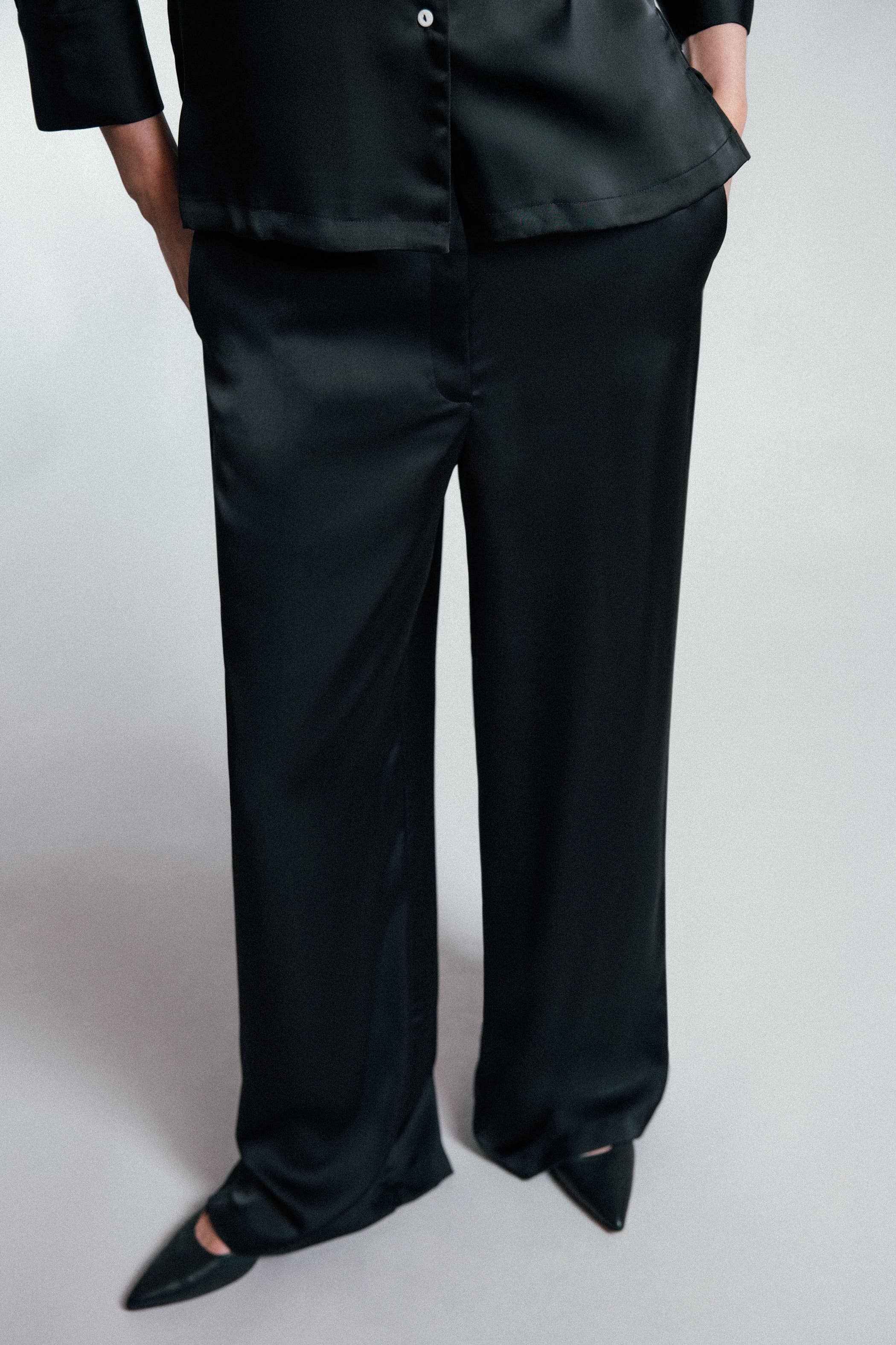 Black Satin Wide-Leg Trousers