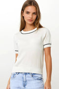 White Short Sleeve Knit Top with Black Stripe Detail