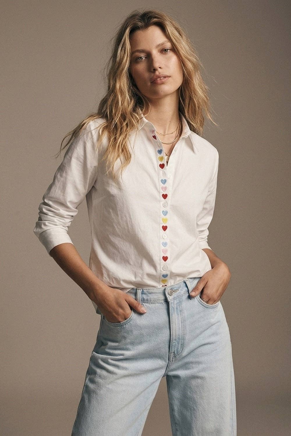 White Heart Embroidered Button Front Shirt