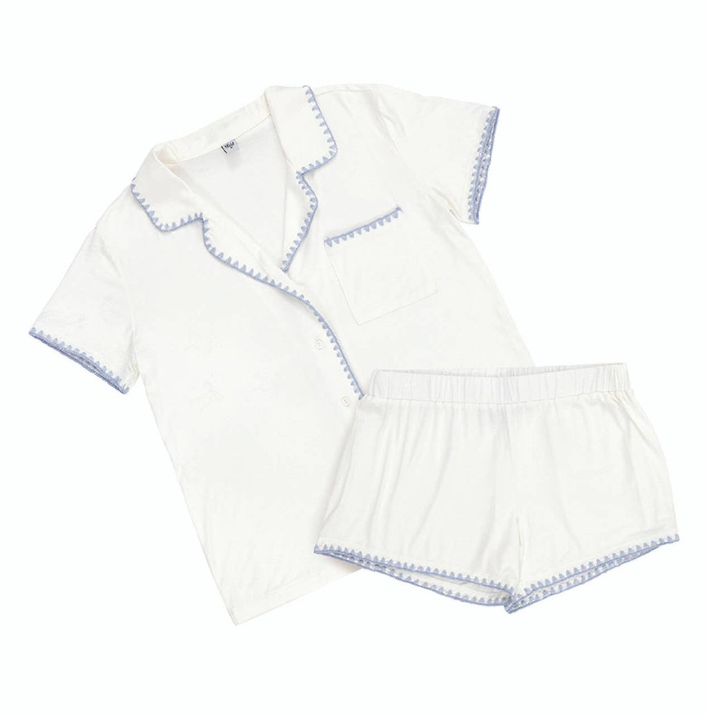 Short Bamboo PJ Set - White + Spa Blue Whip Stitch