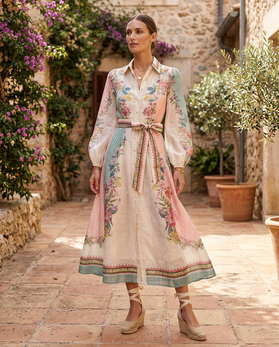 Pink Puff Sleeve Flowered Button up Dress