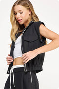 Mock Neck Rolled Up Sleeve Piping Detail Vest And Pant Set