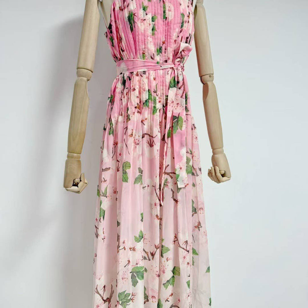 Chiffon Ombre Floral Pleated Maxi Dress