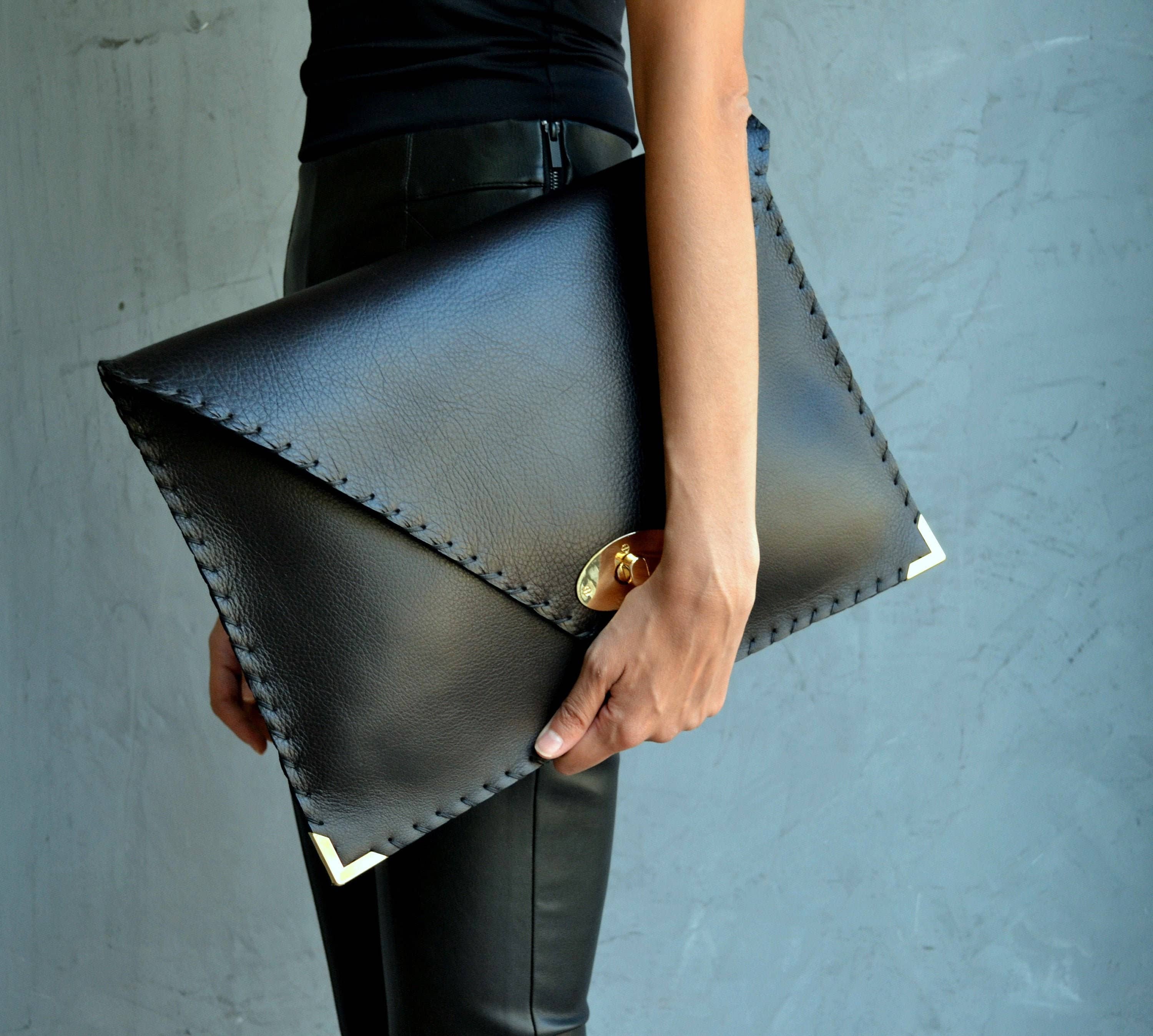 Symmetria Black Large Leather Clutch Bag With Silver Hardware
