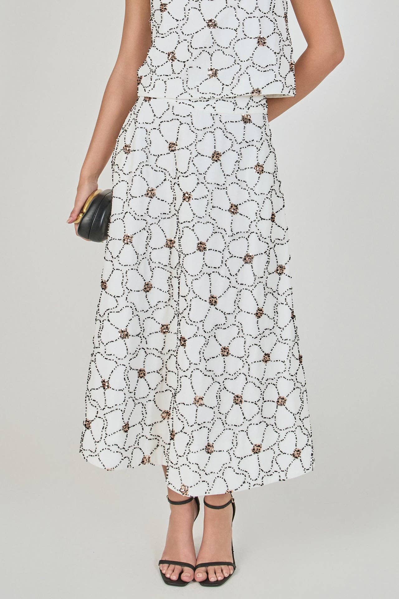White and Black Floral Beaded Linen Chiffon Set
