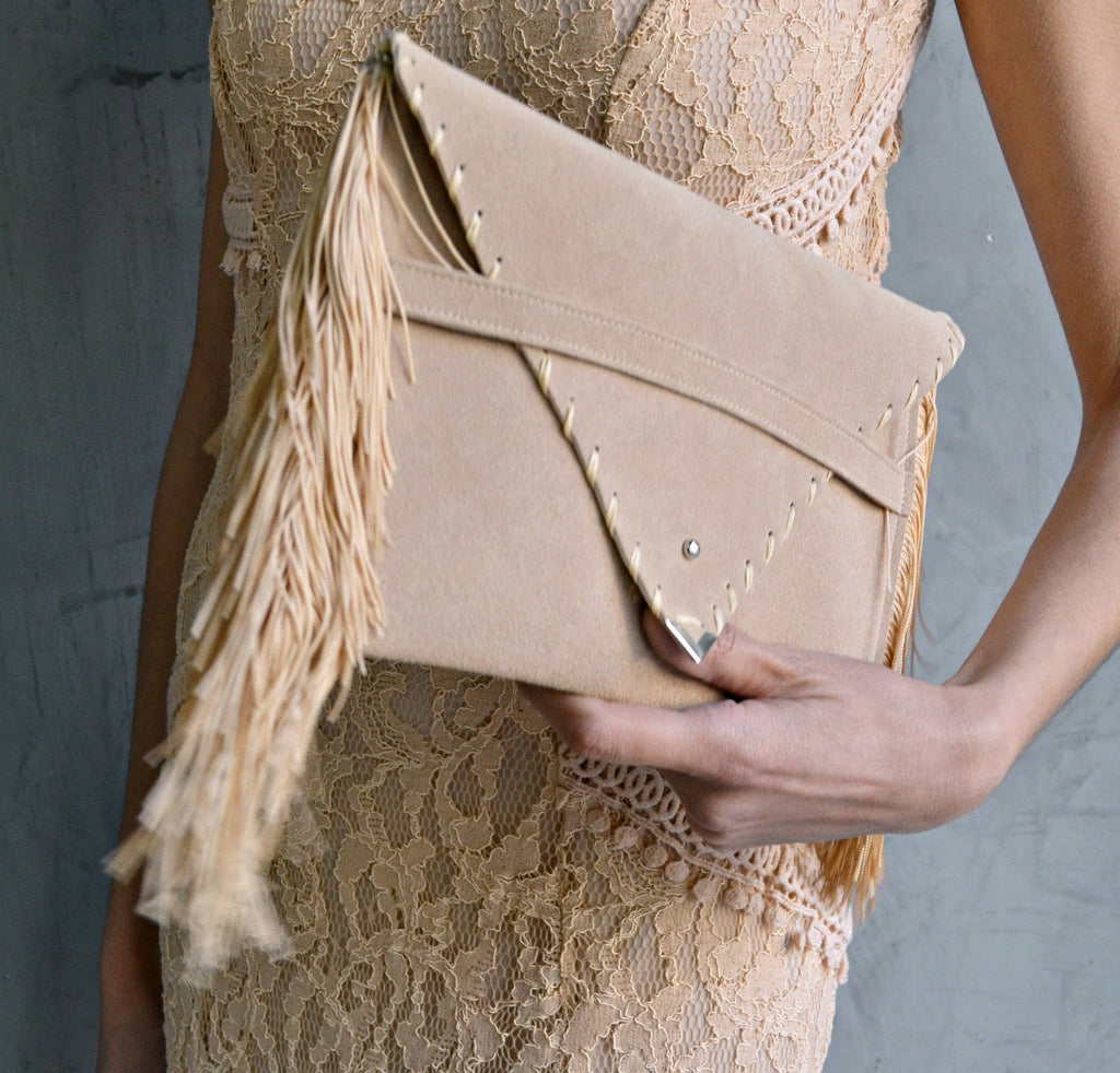 Medusa Clutch In Beige With Silk Fringe And Silver Hardware