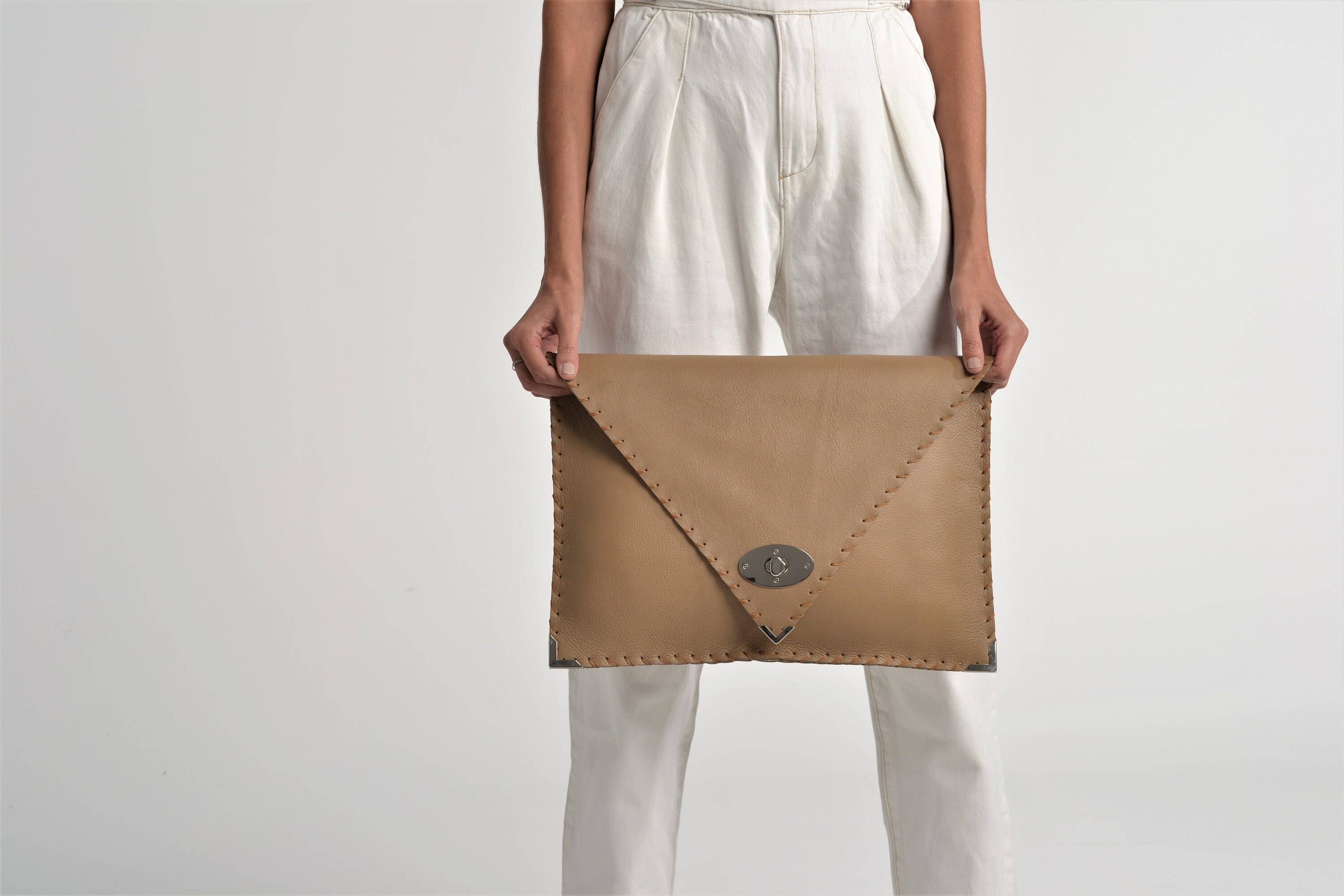 Symmetria Large Leather Clutch In Tan And Silver