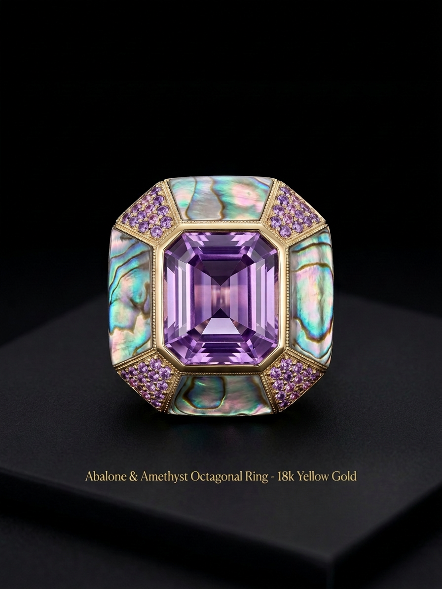 Amethyst & Abalone Shell Statement Ring Sz9