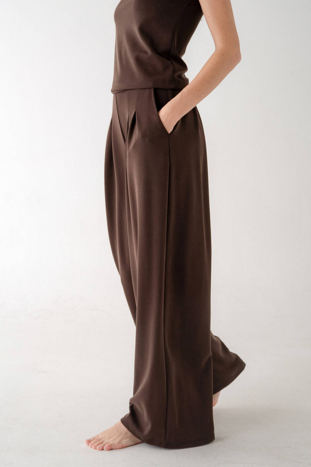 Coffee Shoulder Pad Top And Wide Leg Pleasted Pants