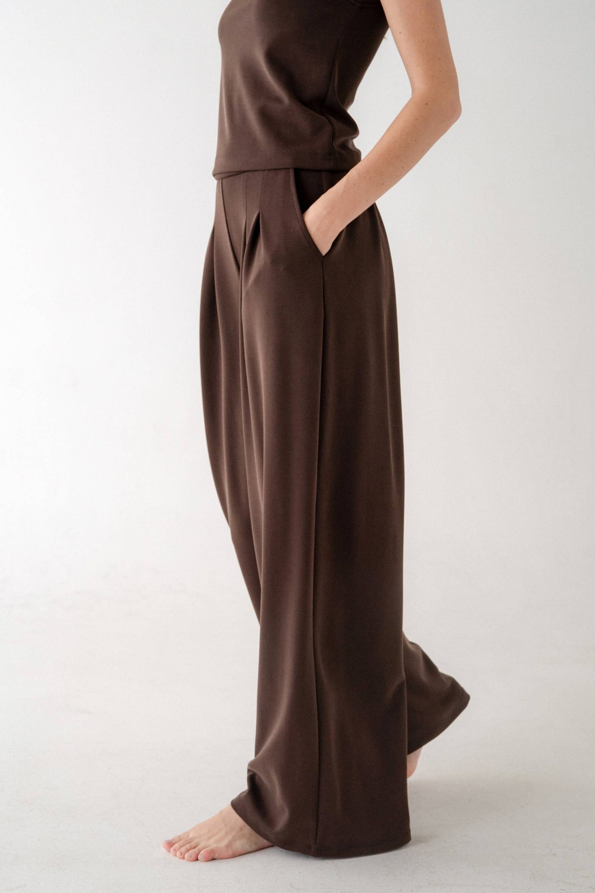 Coffee Shoulder Pad Top And Wide Leg Pleasted Pants