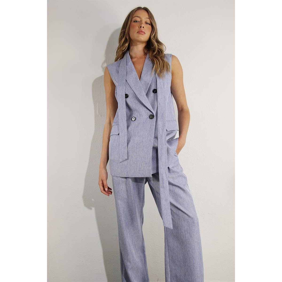 SPRING VEST AND LONG PANTS SUIT SET: DENIM BLUE HAZE