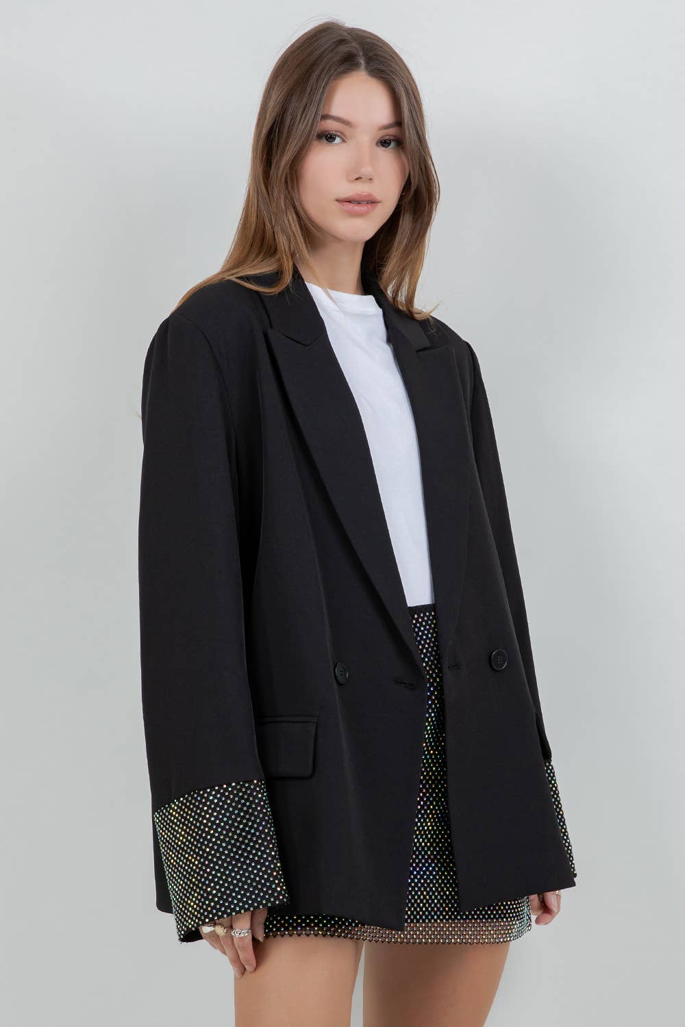 BLAZER WITH CONTRAST RHINESTONE SLEEVES