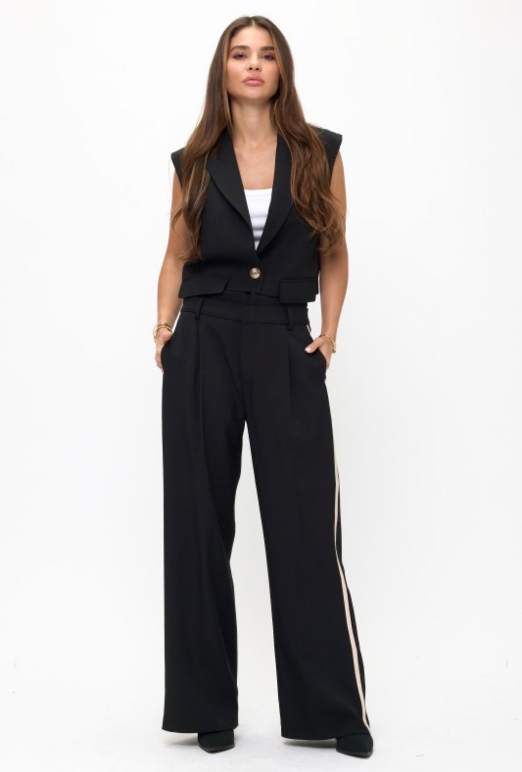 Black Vest and Pants Set with Accent Tuxedo Stripe