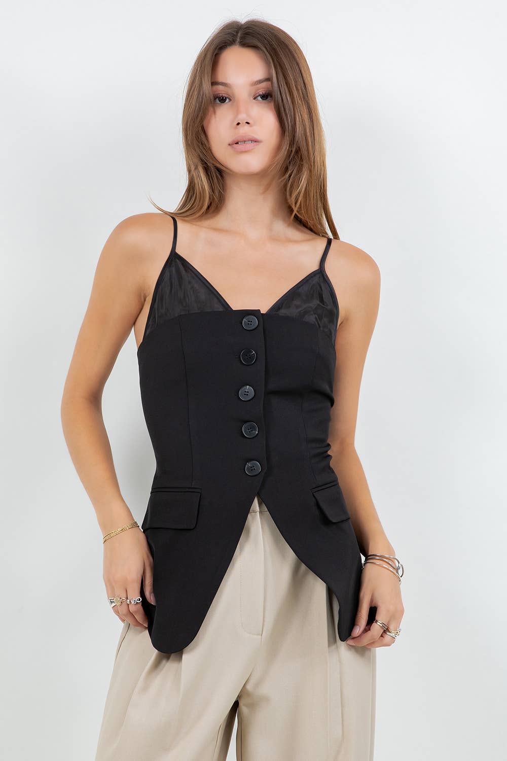 See Through Contrast Top Button Down Vest