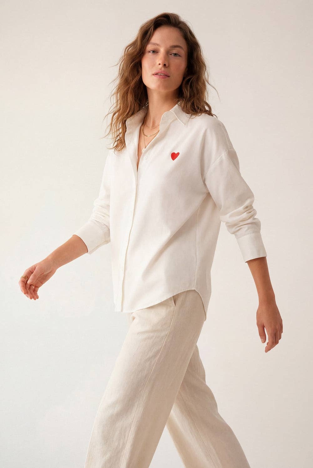 White Oxford Cotton Shirt with Embroidered Red Heart