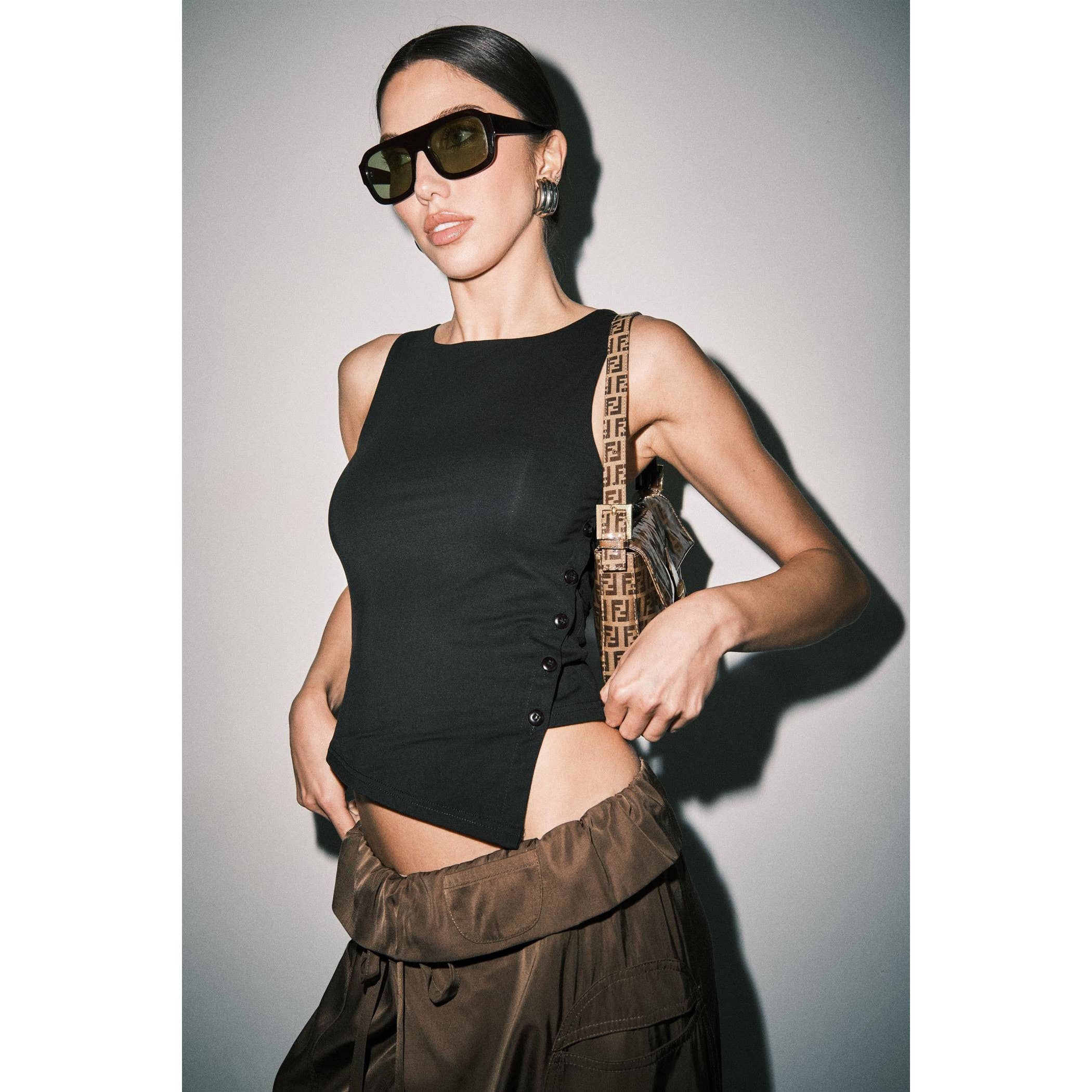 Black Laura Jersey Knit Side Button Asymmetric Hem Tank