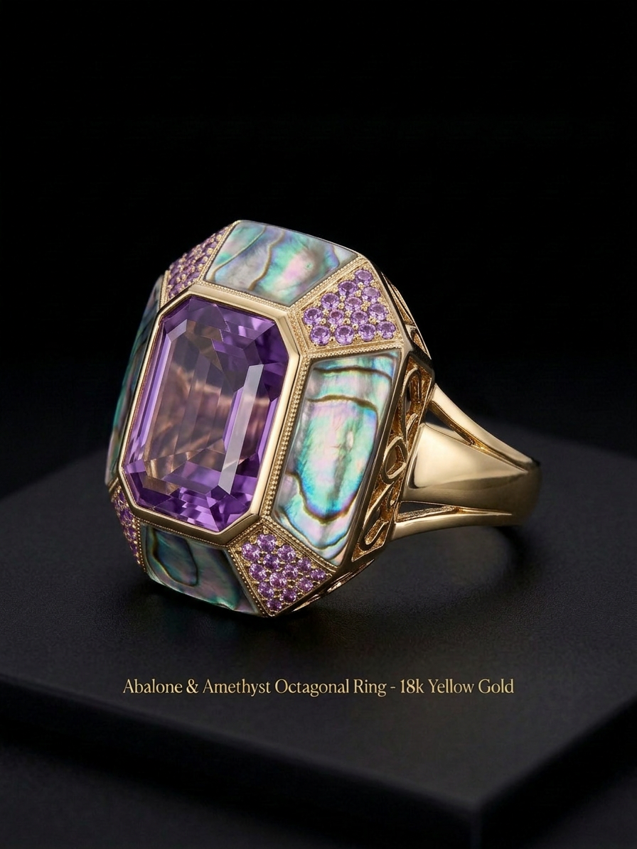 Amethyst & Abalone Shell Statement Ring Sz9
