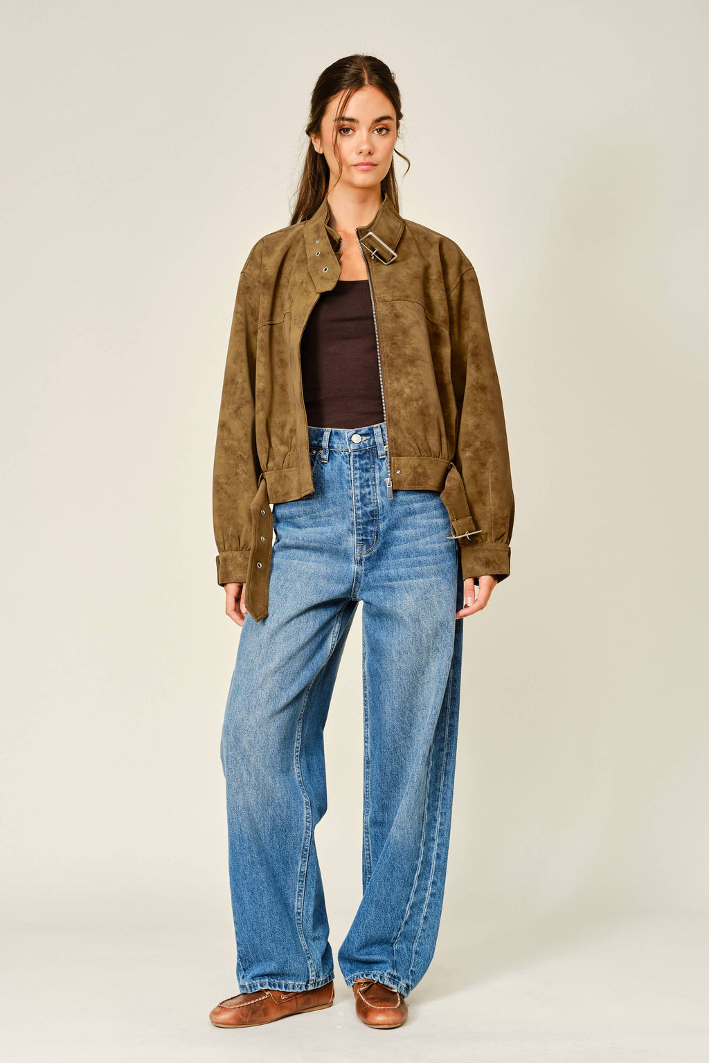 Cognac Vintage Leather Belted Bomber