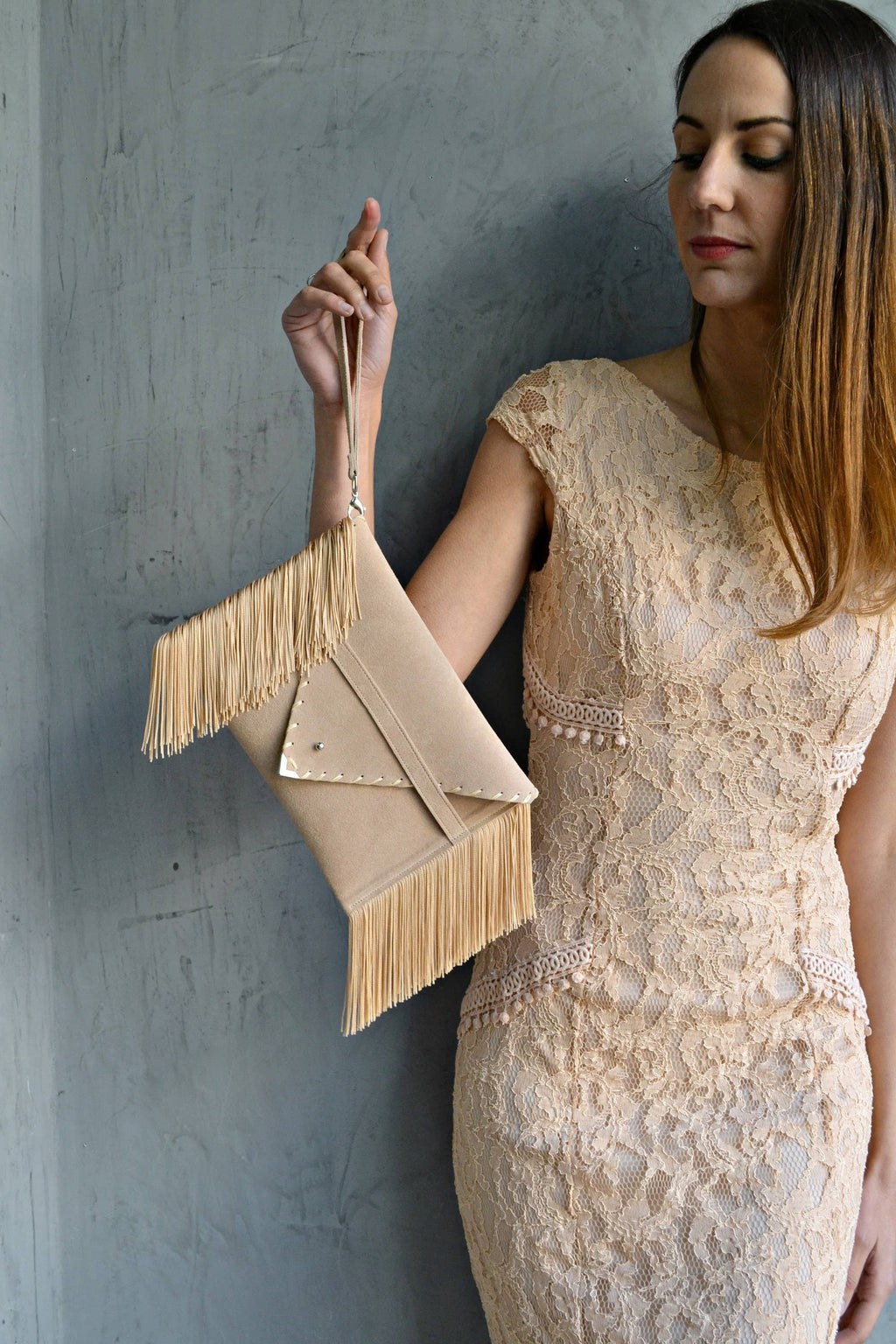 Medusa Clutch In Beige With Silk Fringe And Silver Hardware