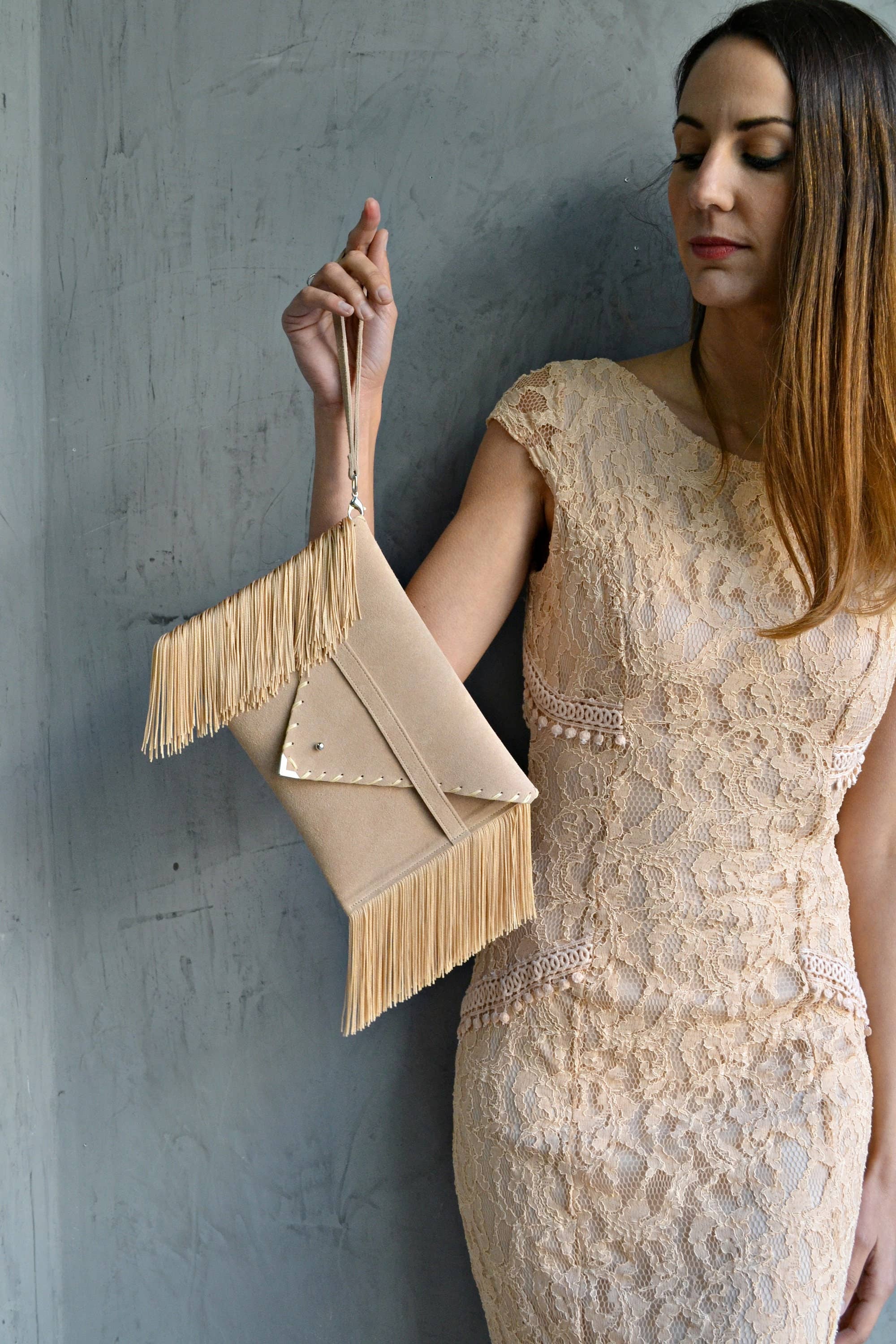 Medusa Clutch In Beige With Silk Fringe And Silver Hardware