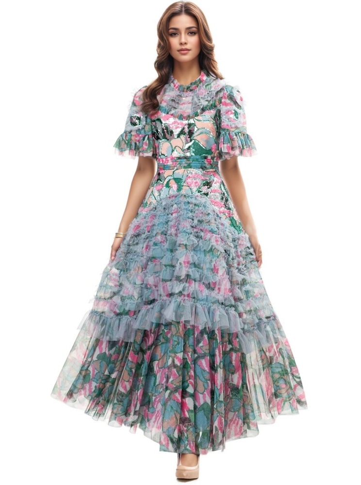 Hand-Printed Lotus Leaf Lace Dress with Sequin and Beaded Detail