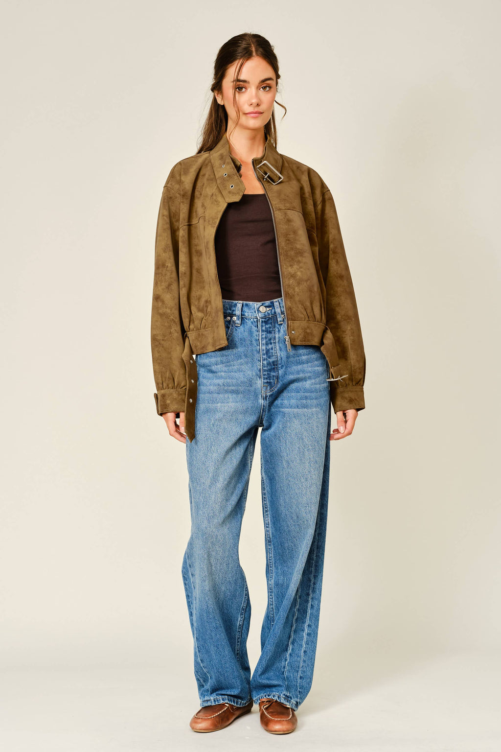 Cognac Vintage Leather Belted Bomber