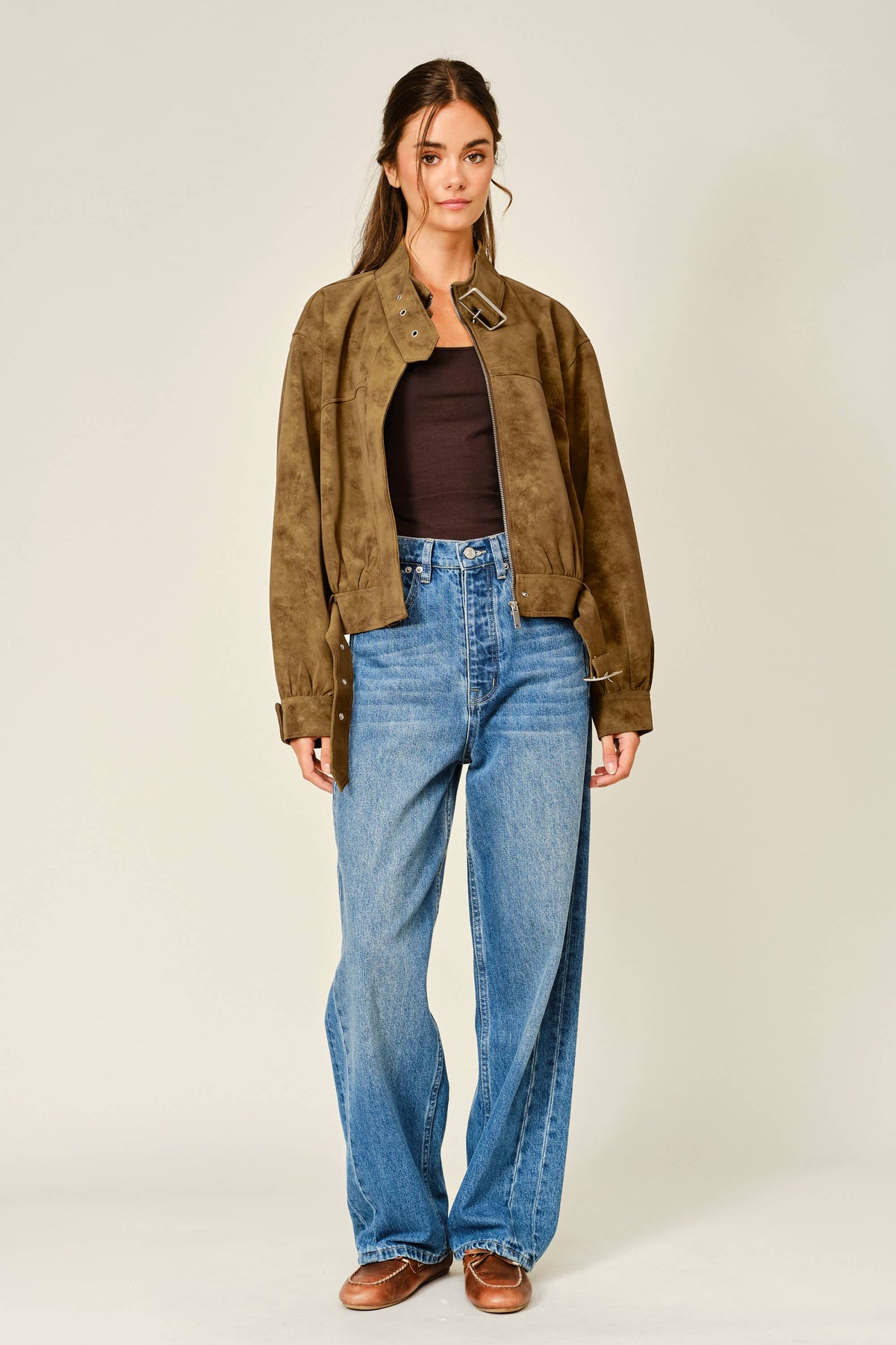 Cognac Vintage Leather Belted Bomber