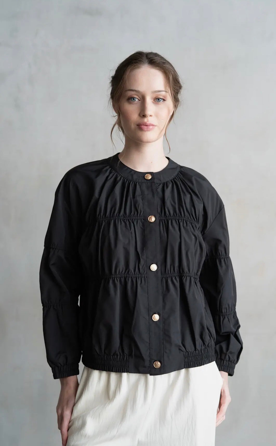 Black Tiered Lightweight Jacket Gold Accent Buttons