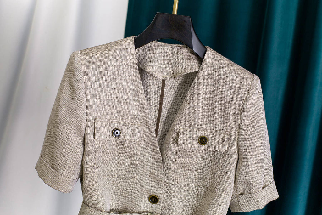 Linen Blend Belted Short Sleeve Blazer Women
