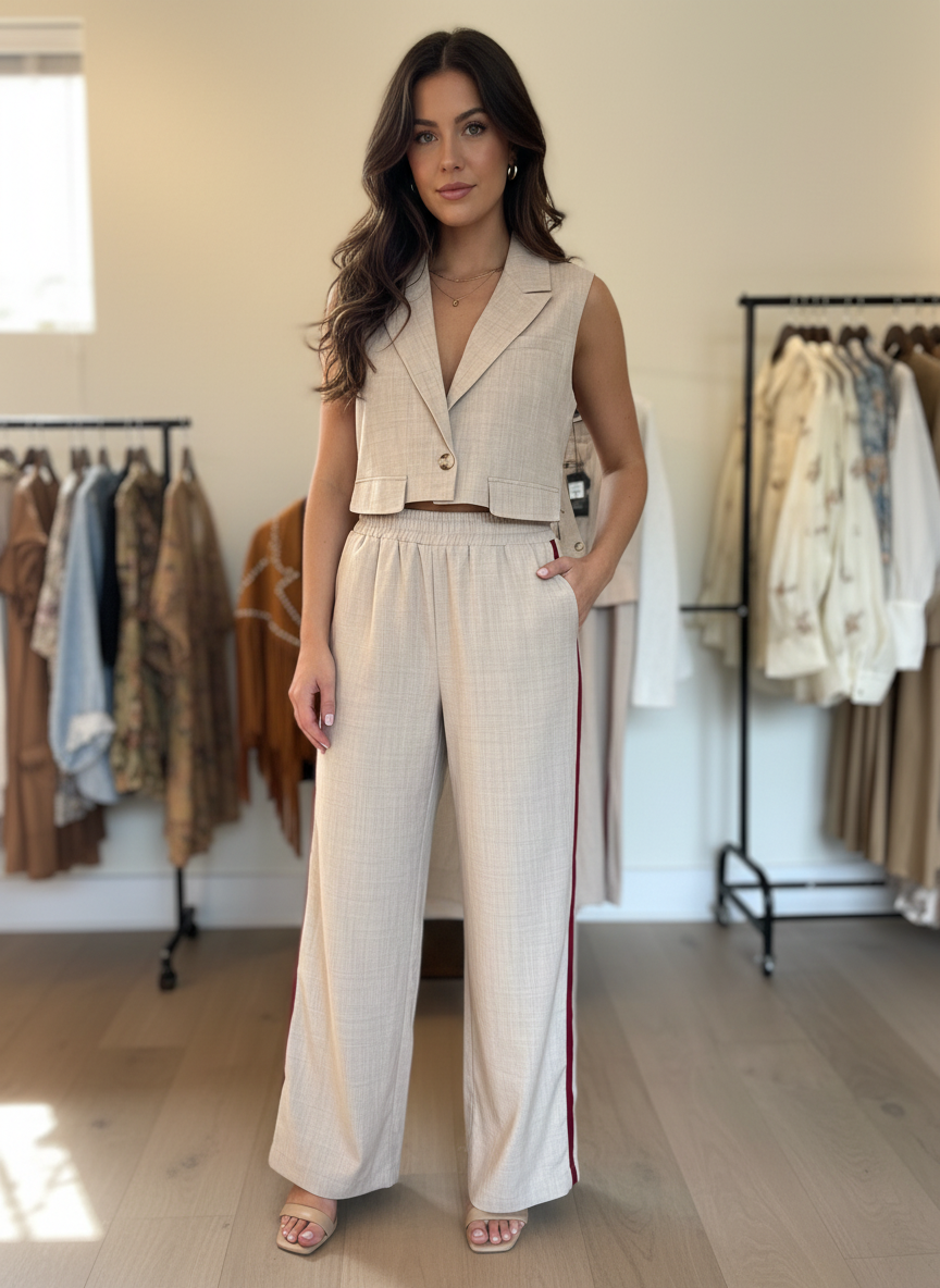 Cream Two Piece Crop Vest and Tuxedo Trousers