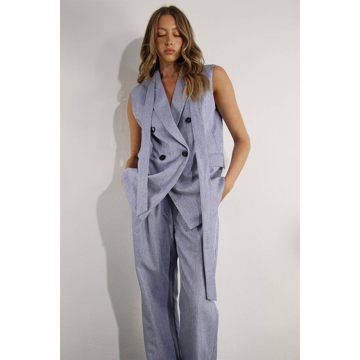 SPRING VEST AND LONG PANTS SUIT SET: DENIM BLUE HAZE