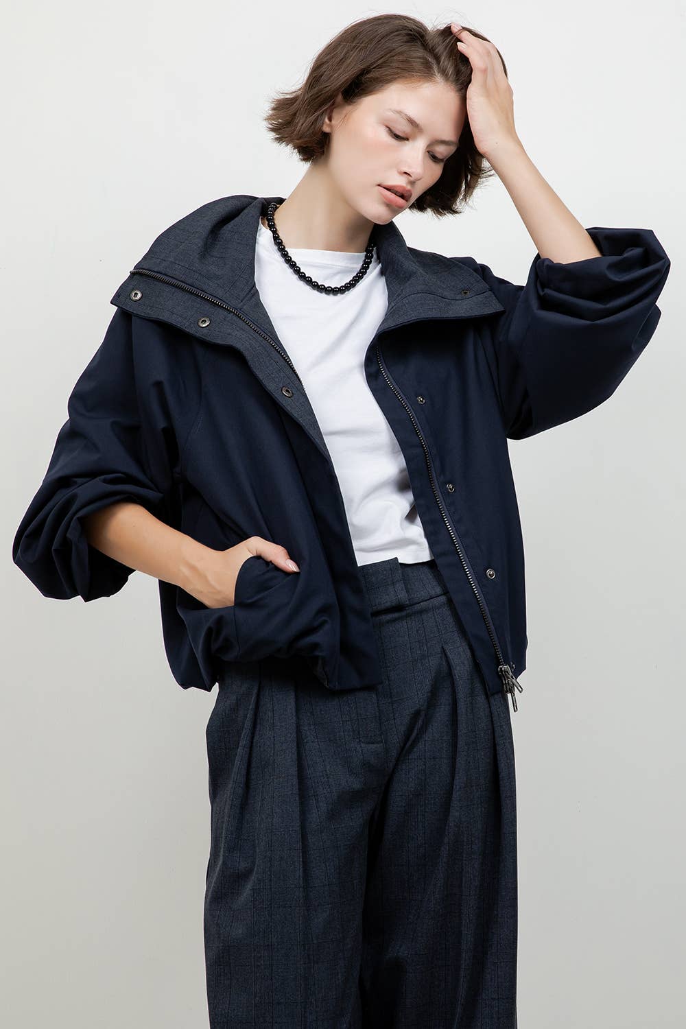 Soft Navy Jacket With Plaid Collar Detail