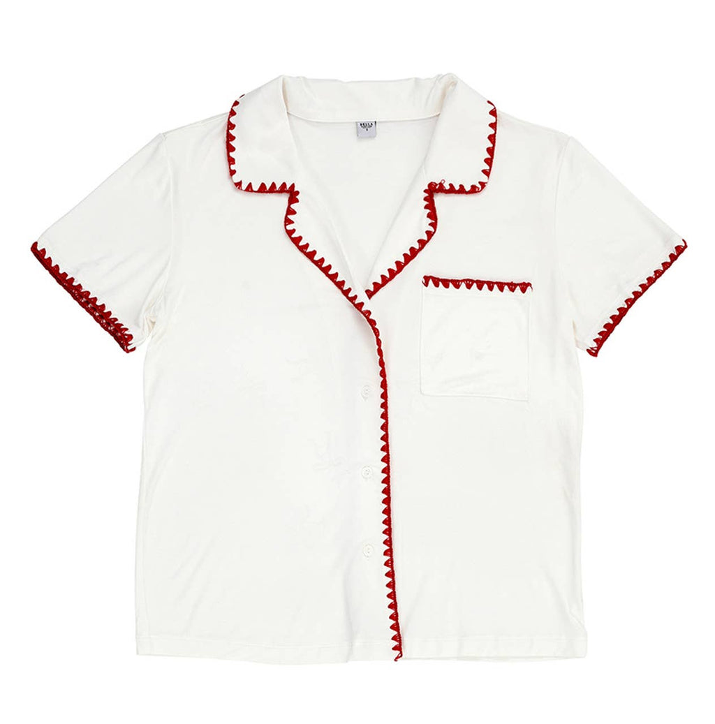 Short Bamboo PJ Set - White + Red Whip Stitch