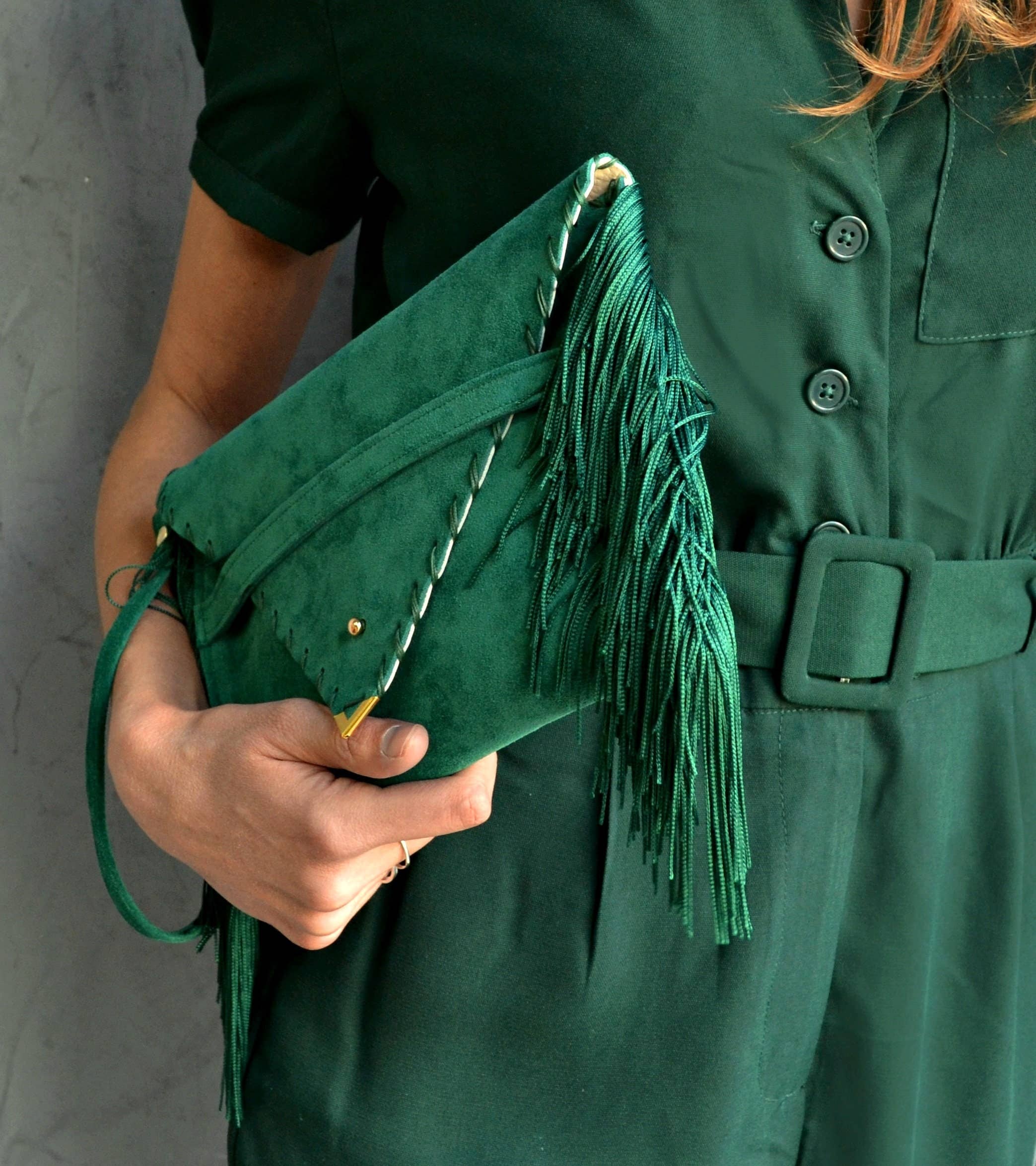 Medusa Clutch In Esmerald With Silk Fringe And  Silver Hardware