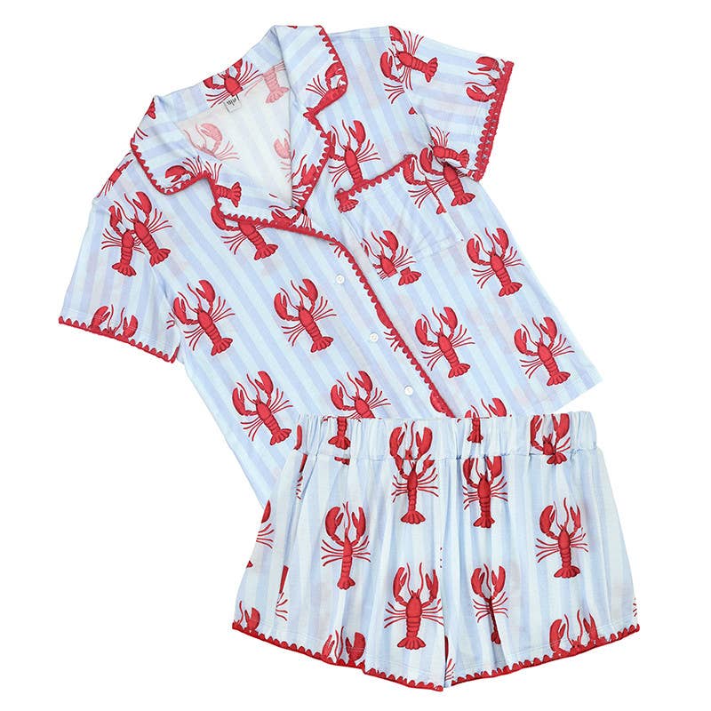 Bamboo PJ Set with Whip Stitch - Blue Stripes + Lobsters