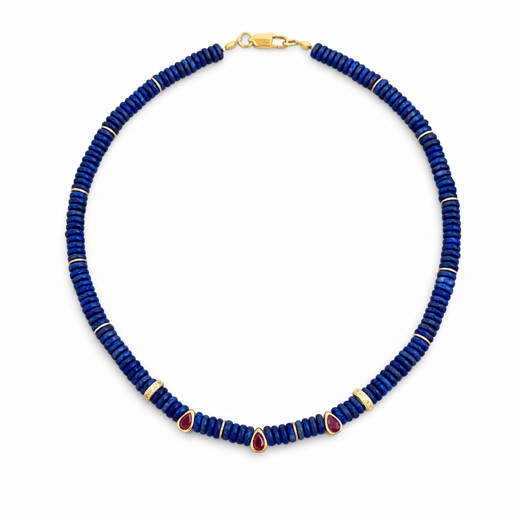 Lapis Lazuli Beaded Necklace with Ruby Color CZ Drops