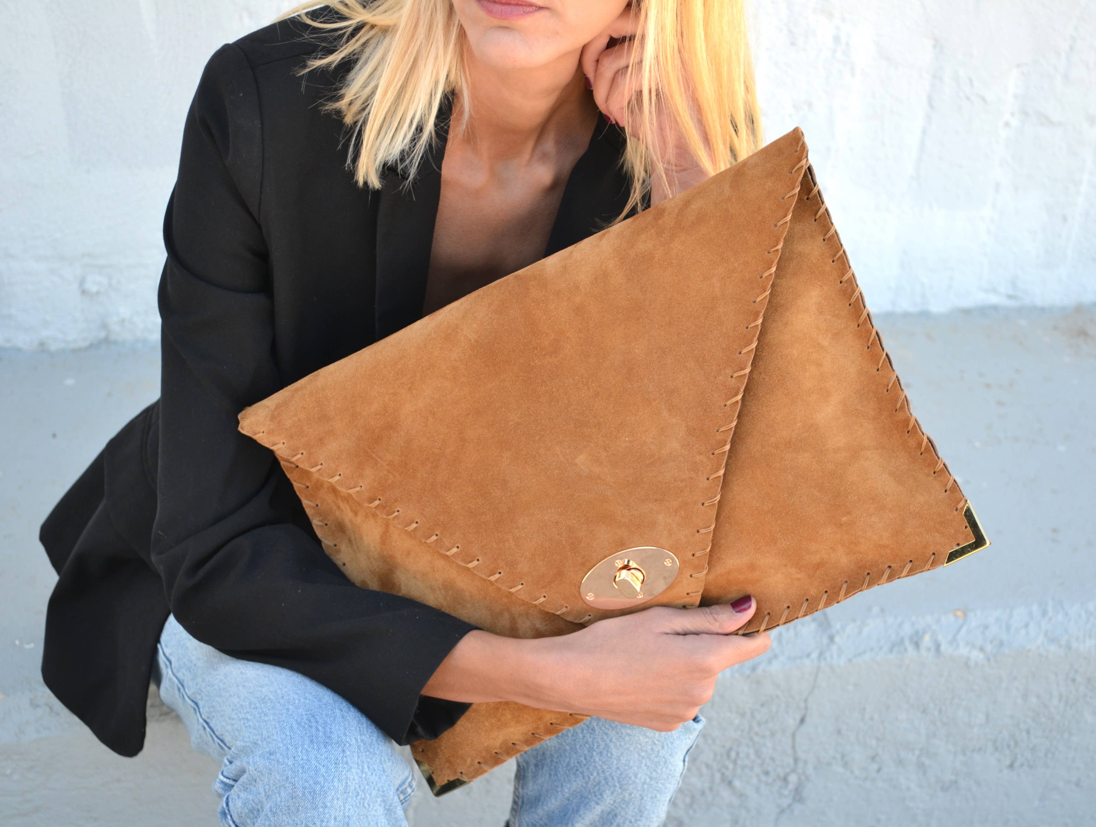Symmetria Large Soft Clutch In Caramel With Gold Hardware