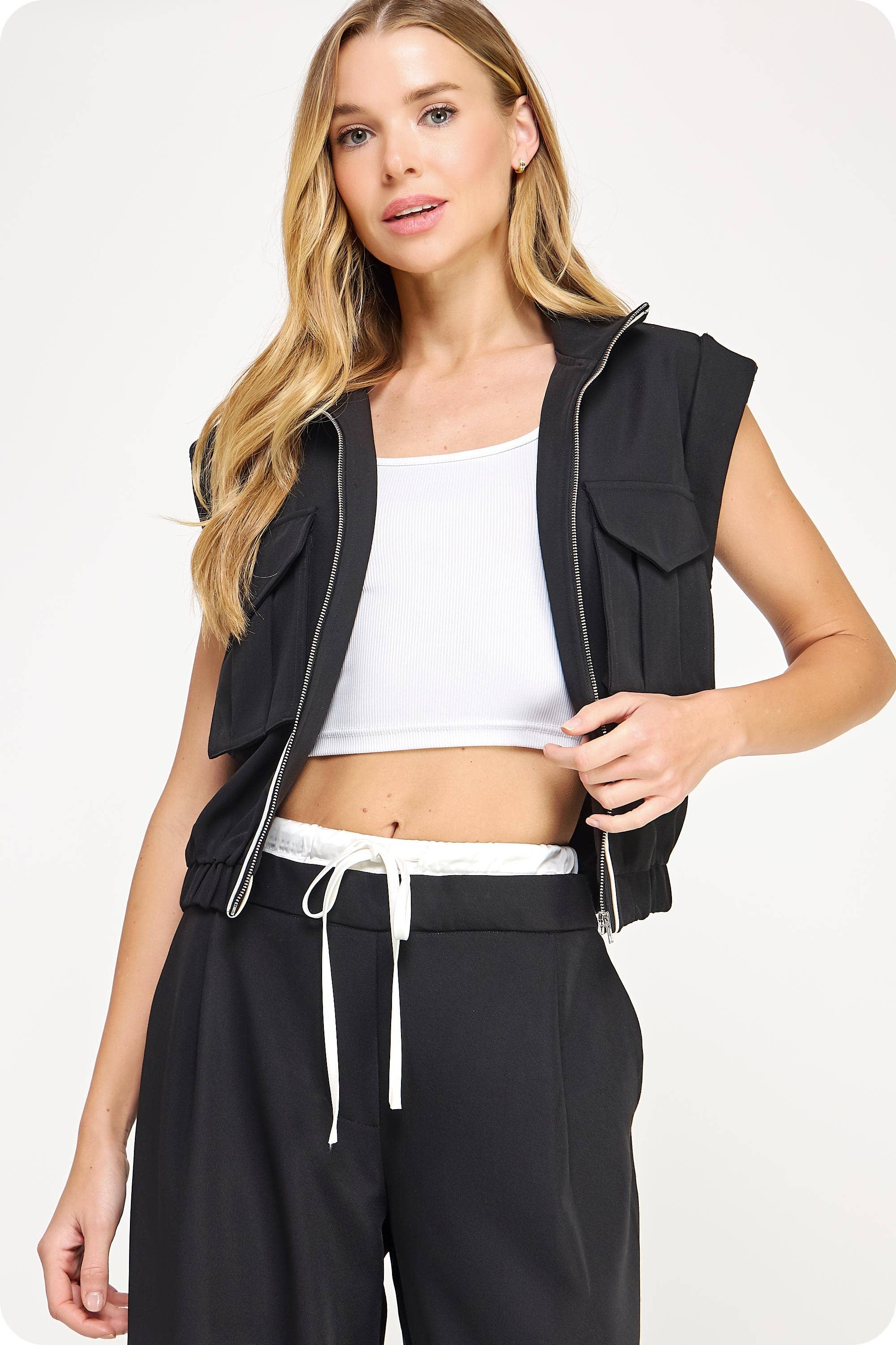Mock Neck Rolled Up Sleeve Piping Detail Vest And Pant Set