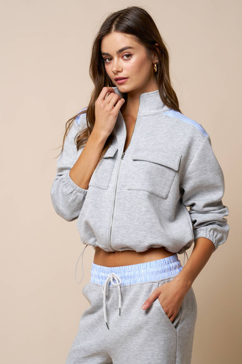 Color Block Zip Up Mock Neck Sweatshirt And Pant Set